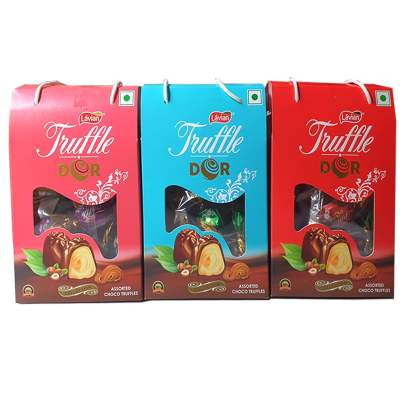 LAVIAN TRUFFLE DOR ASSORTED CHOCO TRUFFLES GIFT PACK 600GMS; PACK OF 3(EACH 200GMS) (choco truffles with paan, hazelnut, caramel flavors)