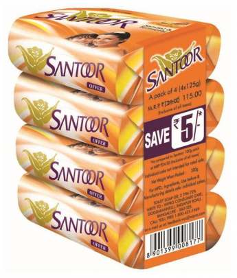 WIPRO SANTOOR SOAP 125X4N+PUREGLO BATHING BAR FREE
